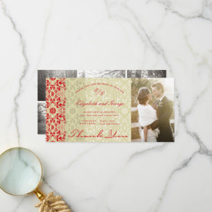 Carte De Remerciements Vintage Chic Dentelle Damas Rouge & Taupe Mariage 