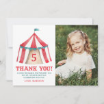 Carte De Remerciements Vintage Circus Tent Photo Birthday Thank You<br><div class="desc">Thank guests for coming to celebrate the birthday boy or girl with our stylish Vintage Circus Tent birthday photo thank you cards. The adorable circus themed thank you cards feature a colorful watercolor circus tent with red vintage typography. Personalize the thank you cards by adding your child's photo, name, age,...</div>