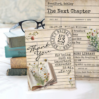 Carte De Remerciements Vintage Library Card Floral Books Bear Baby Shower