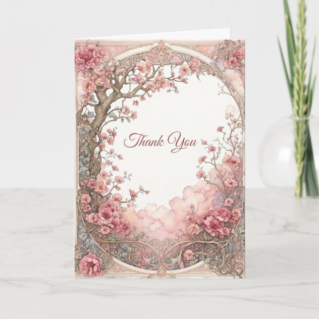 Carte De Remerciements Vintage rose fleuri Art Nouveau (Devant)