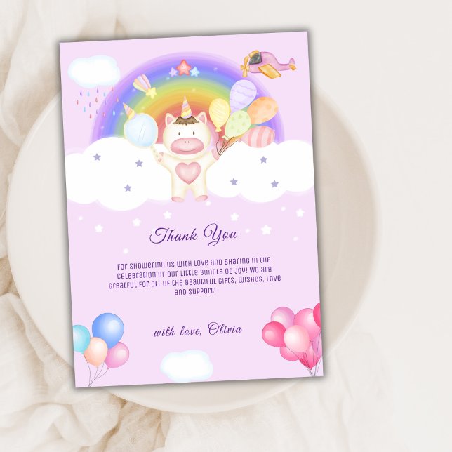 Carte De Remerciements Violet Pastel Balloon Unicorn Rainbow Baby shower (Purple Pastel Balloon Unicorn Rainbow Baby Shower Thank You Card)