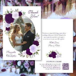 Carte De Remerciements Violet Rose Oval Photo QR Code Mariage élégant