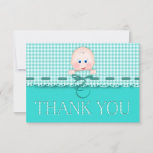 Carte De Remerciements Visage de bébé sur En vichy Turquoise avec bordure