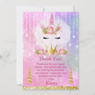 Carte De Remerciements Visage de licorne mignonne Fleurs roses Anniversai