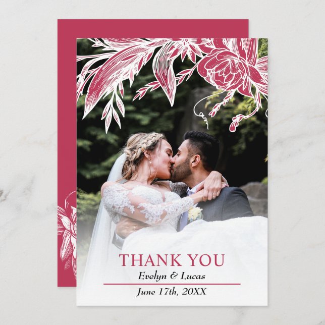 Carte De Remerciements Viva magenta et fleurs blanches photo mariage (Devant / Derrière)