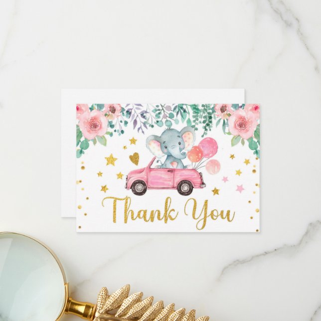 Carte De Remerciements Voiture de Baby shower pour éléphant rose (Devant/Arrière en situation)