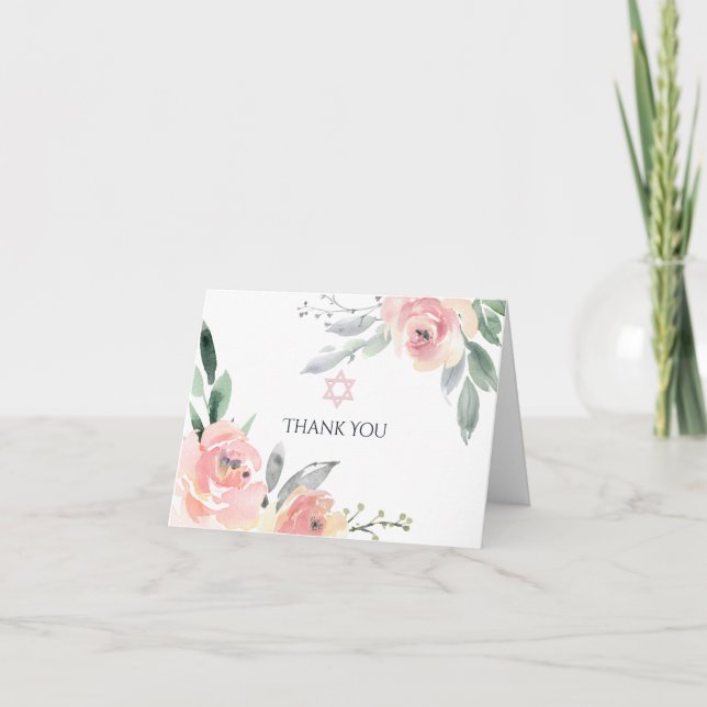 Carte De Remerciements Voiture de Bat mitzvah à fleurs rose pastel (Devant)