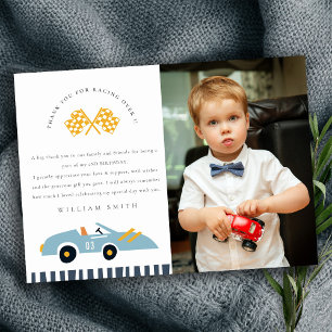 Carte De Remerciements Voiture De Course Cute Enfants Bleu Photo N'Import