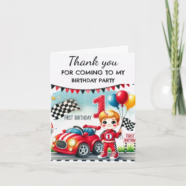 Carte De Remerciements Voiture de course Fête d'anniversaire 1er garçon M (Devant)