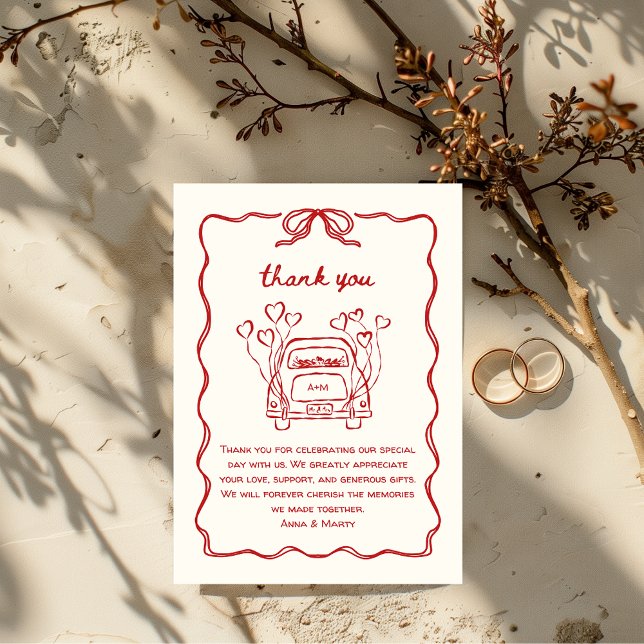 Carte De Remerciements Voiture de Mariage à main rouge rétro (hand illustrated hand drawn wedding thank you card in red, funky retro vintage quirky whimsical)