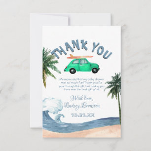 Carte De Remerciements Voiture de surf Cocout Tree Blue Beach Baby shower