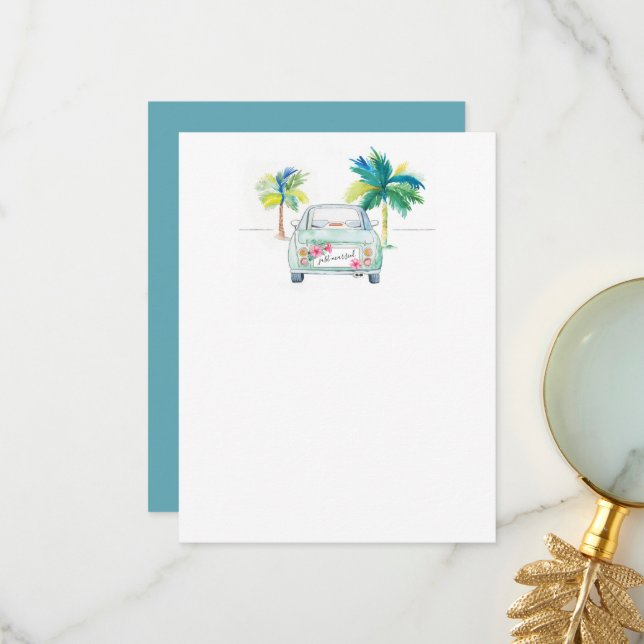 Carte De Remerciements Voiture Tropicale et Palmiers Aquarelle (Devant/Arrière en situation)