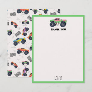 Carte De Remerciements Voitures de Monstre Colorées Course Enfants Nom Pe
