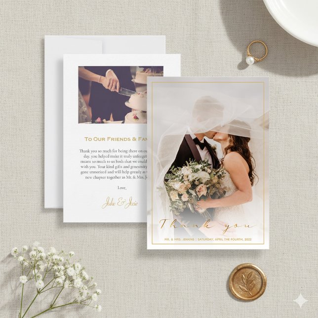 Carte De Remerciements Votre photo mariage, script or et bordure (Your wedding photo, gold script and border thank you card.)