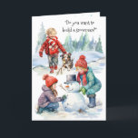 Carte De Remerciements Voulez-vous construire un Snowman ?<br><div class="desc">Voulez-vous construire un bonhomme de neige ? Des enfants mignons construisent un bonhomme de neige avec un chiot australien Shepherd aidant en apportant son bâton pour le bras manquant du bonhomme de neige. "Hurray ! C'est Noël ! "Laisse-le neiger, laisse-le neiger, laisse-le neiger !" Personnalisez avec le nom de votre...</div>