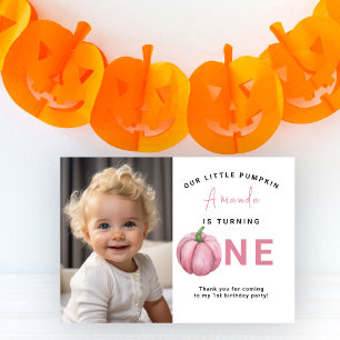 Carte De Remerciements Watercolor Citrouille rose premier anniversaire