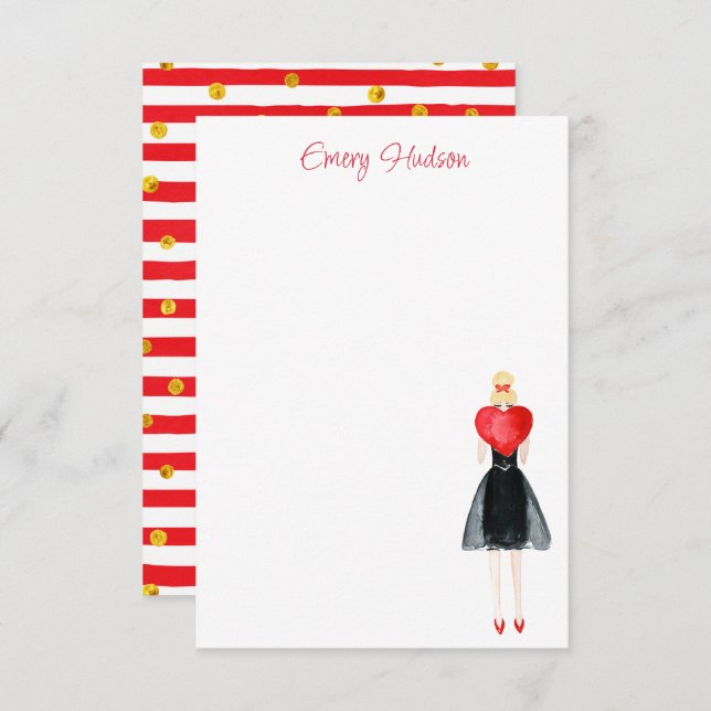 Carte De Remerciements Watercolor Coeur Fashion Girl (Devant / Derrière)