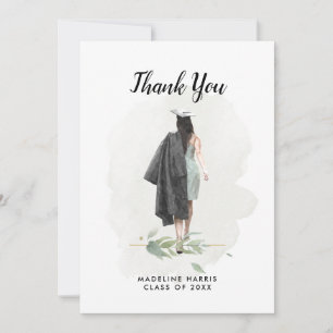 Carte De Remerciements Watercolor Girl Foliage Custom Photo Graduation