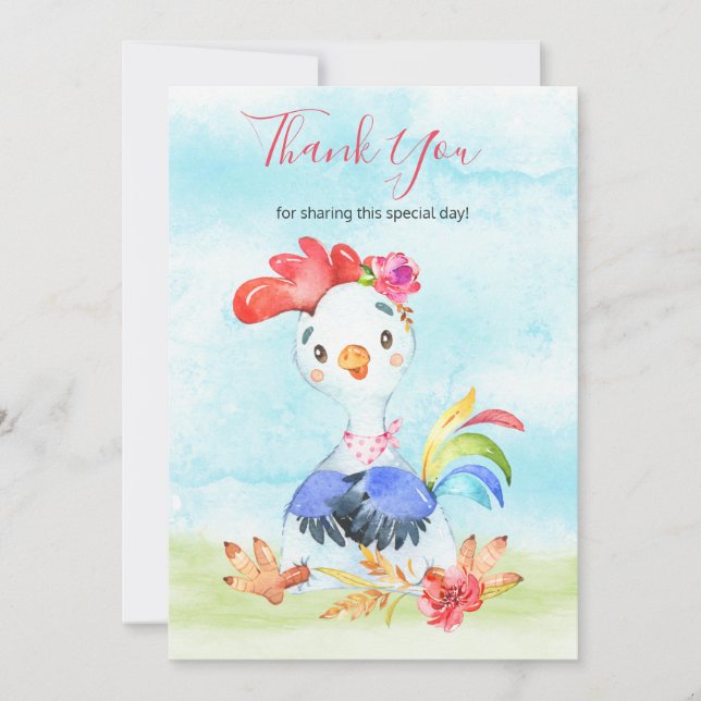 Carte De Remerciements Watercolor Girl Rooster Farm (Devant)