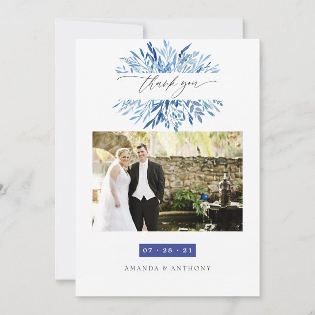 Carte De Remerciements Watercolor Marine Indigo Feuilles Mariage Photo (Devant)