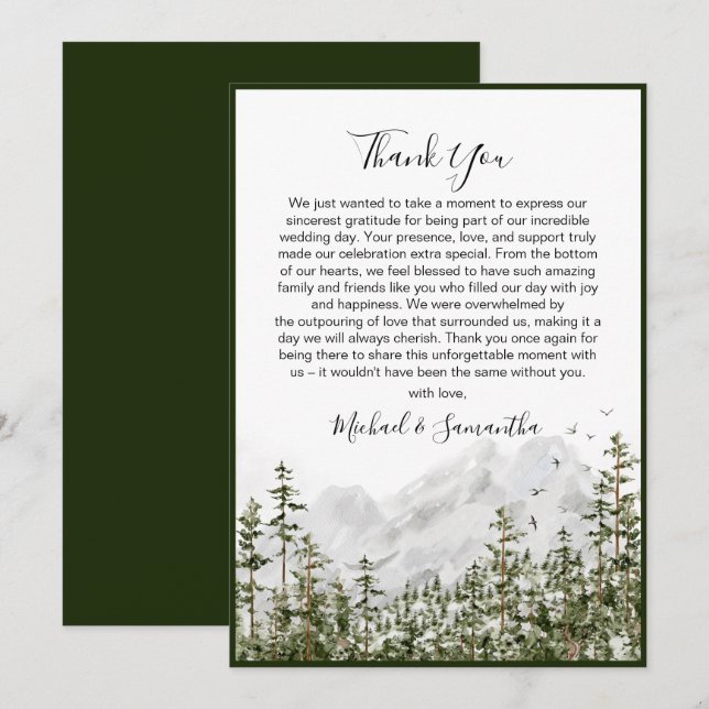 Carte De Remerciements Watercolor Mountain Forest Mariage rustique (Devant / Derrière)