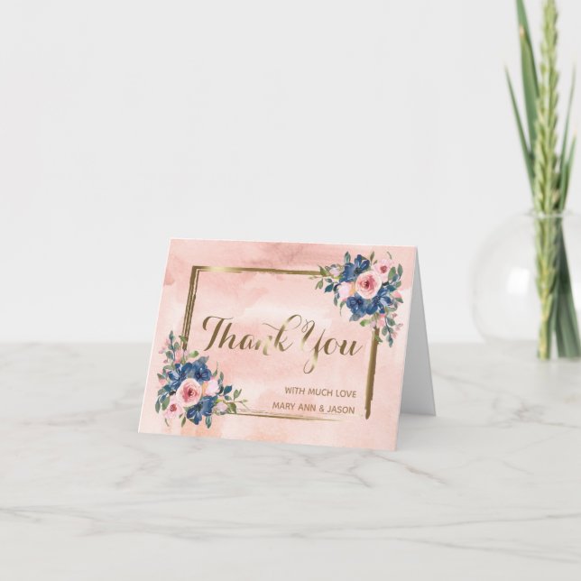Carte De Remerciements Watercolor Navy & Blush Mariage (Devant)