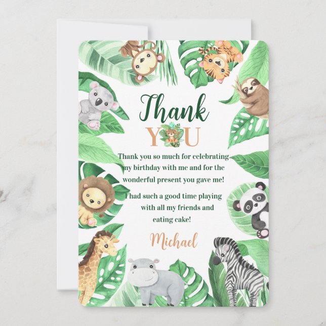 Carte De Remerciements Watercolor Safari Animals Wild One Birthday (Devant)