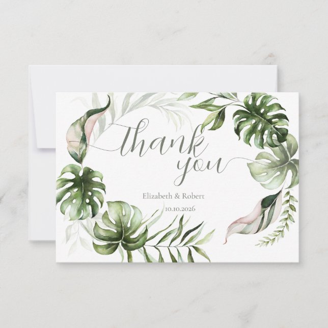 Carte De Remerciements Watercolor Tropical Leaves Greenery  (Devant)