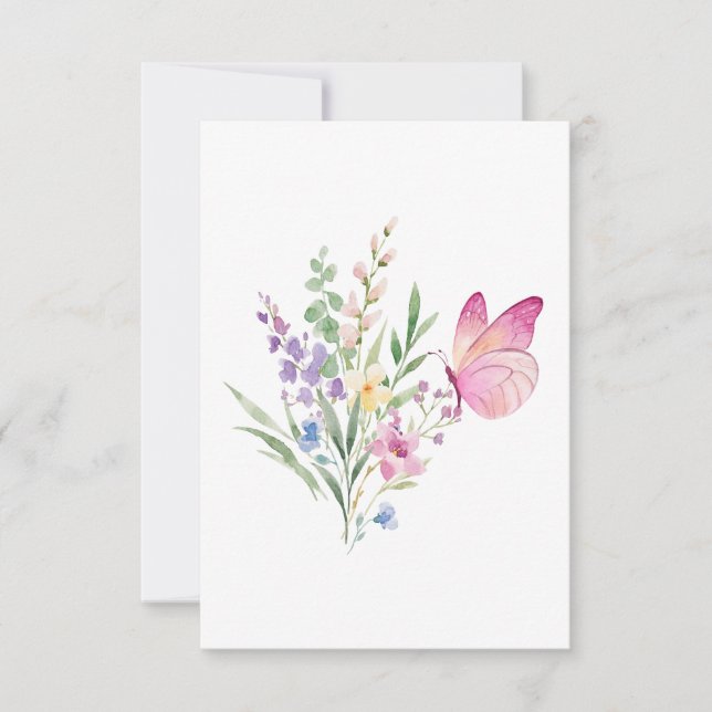 Carte De Remerciements Watercolor Wildflower Bouquet with Pink Butterfly (Devant)