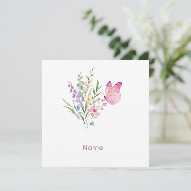 Carte De Remerciements Watercolor Wildflower Bouquet with Pink Butterfly (Debout devant)