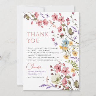 Carte De Remerciements Watercolor Wildflower Girl 1st Birthday