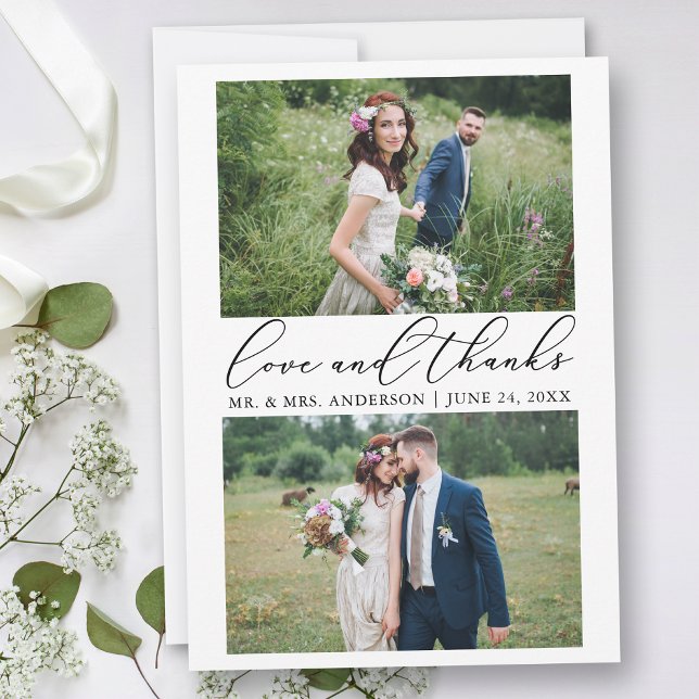 Carte De Remerciements Wedding Modern Minimalist Calligraphy 2 Photo Love (Customize to add text or more photos to back of card.)