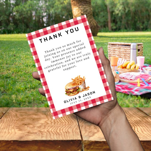 Carte De Remerciements Wedding shower de pique-nique Burgers & Fries (Burgers & Fries Picnic Wedding Shower Thank You Card
)