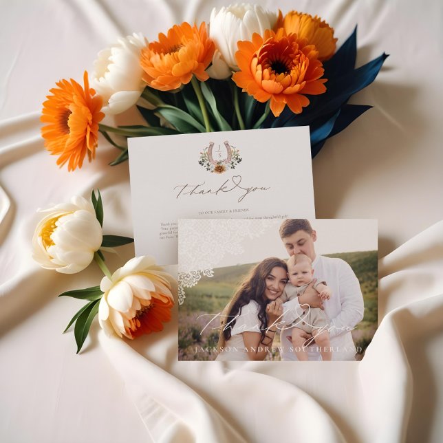 Carte De Remerciements Western Lace Floral Horseshoe Baby Photo (Western Lace Floral Horseshoe Baby Photo Thank You Card)