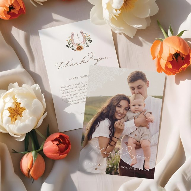 Carte De Remerciements Western Lace Floral Horseshoe Baby Photo (Western Lace Floral Horseshoe Baby Photo Thank You Card)