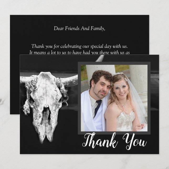 Carte De Remerciements Western Rustic Black and White Bull Skull Photo (Devant / Derrière)
