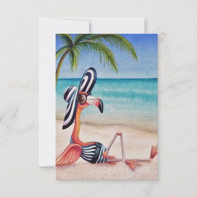 Carte De Remerciements Whimsical Beach Babe Flamant rose rose no 1 (Devant)