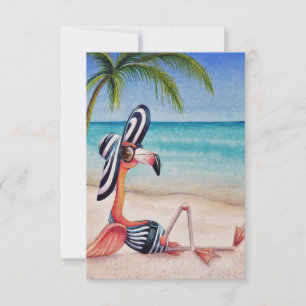 Carte De Remerciements Whimsical Beach Babe Flamant rose rose no 1