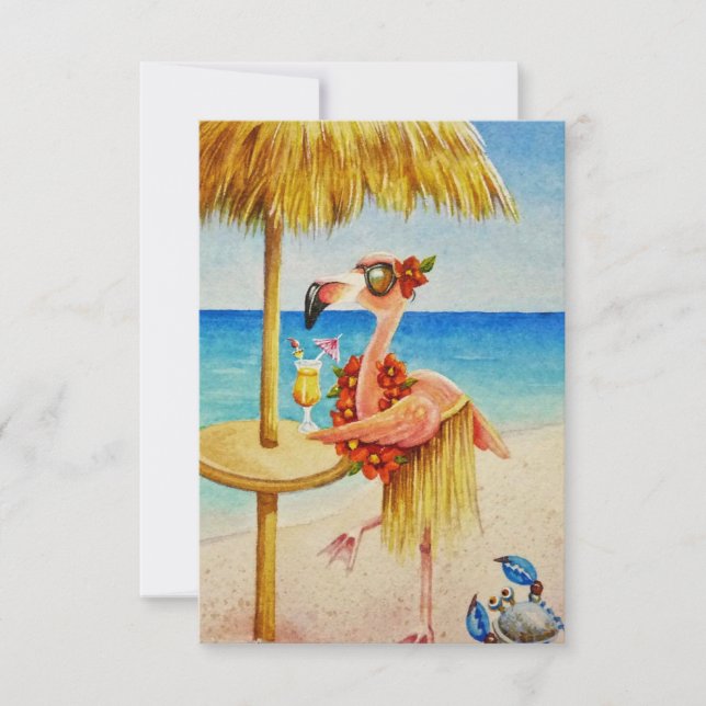 Carte De Remerciements Whimsical Beach Babe Flamant rose rose no 4 (Devant)