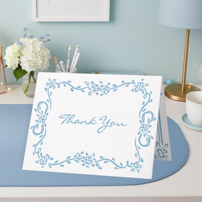 Carte De Remerciements Whimsical Blue Hand Drawn Floral Stripe Wedding (Whimsical Blue Hand Drawn Floral Stripe Wedding Thank You Card)