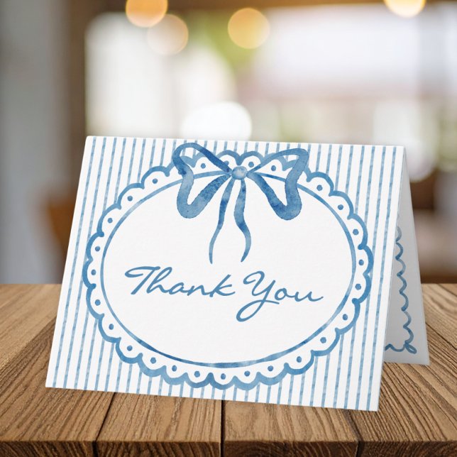 Carte De Remerciements Whimsical Blue Watercolor Bow Stripe Wedding (Whimsical Blue Watercolor Bow Stripe Wedding Thank You Card)