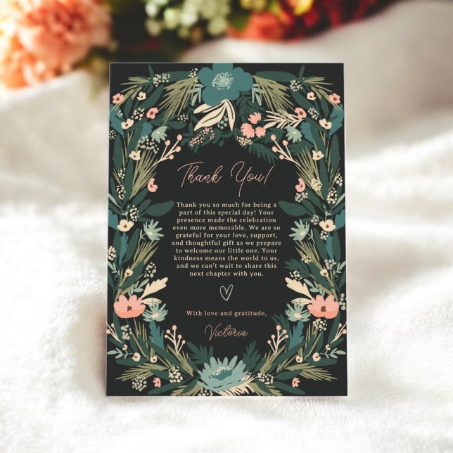 Carte De Remerciements Whimsical Elegant Vert rose Baby shower Floral (Whimsical Elegant Green Pink Floral Baby Shower Thank You Card)