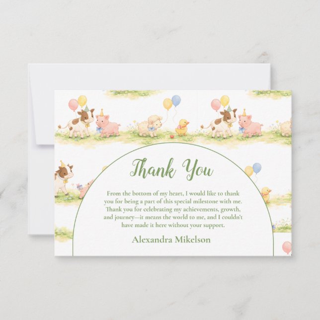 Carte De Remerciements Whimsical Farm Animals Pastel 1st Birthday (Devant)