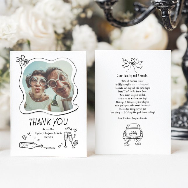 Carte De Remerciements Whimsical Funky Hand Drawn Wedding Photo (Quirky Funky Drawings Wedding Thank You Photo Cards)