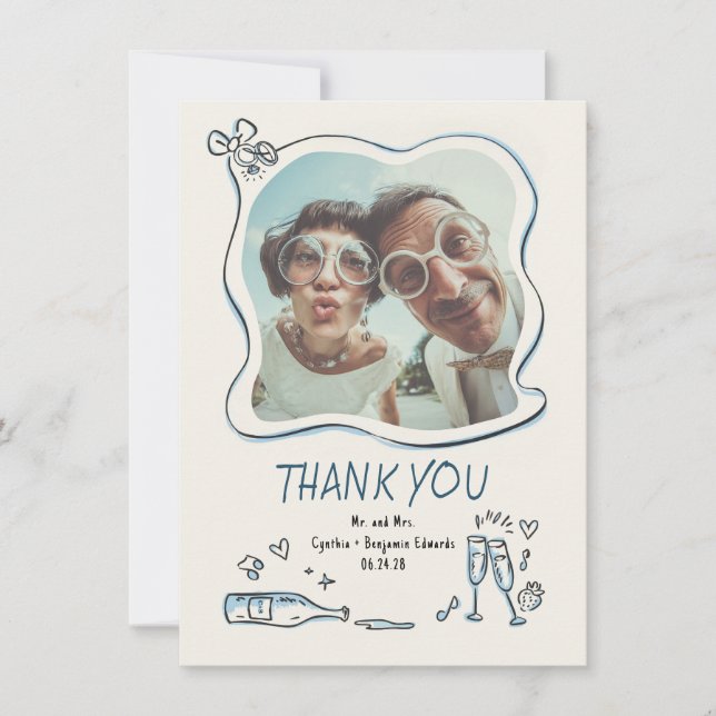 Carte De Remerciements Whimsical Funky Hand Drawn Wedding Photo (Devant)