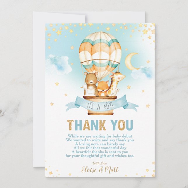 Carte De Remerciements Whimsical Hot Air Balloon Baby shower animaux mign (Devant)