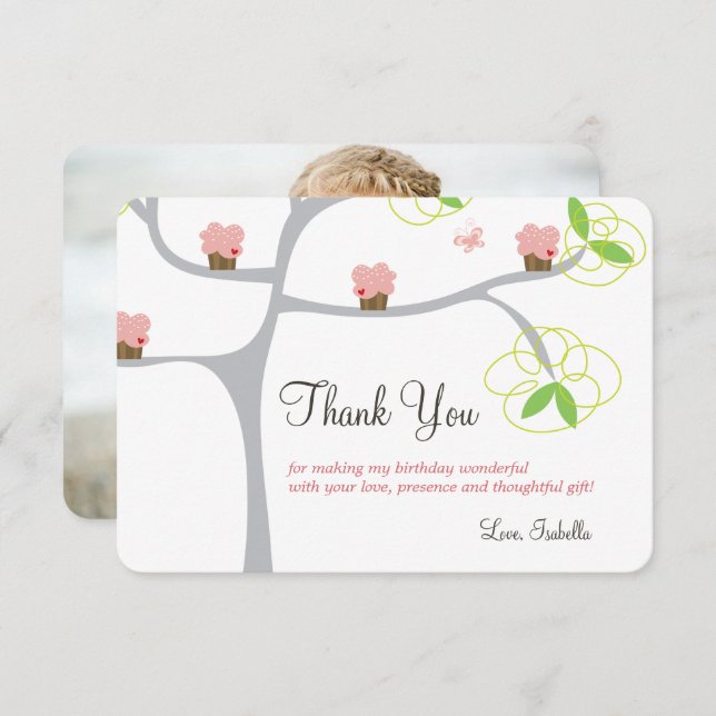 Carte De Remerciements Whimsical Pink Cupcakes Tree Photo de l'anniversai (Devant / Derrière)