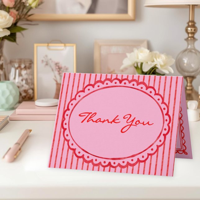 Carte De Remerciements Whimsical Red Pink Watercolor Stripe Wedding (Whimsical Red Pink Watercolor Bow Stripe Wedding Thank You Card)