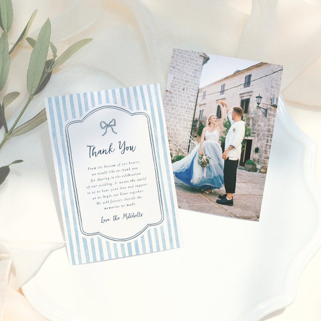 Carte De Remerciements Whimsical Retro Bow & Blue Stripes Wedding (Créateur téléchargé)