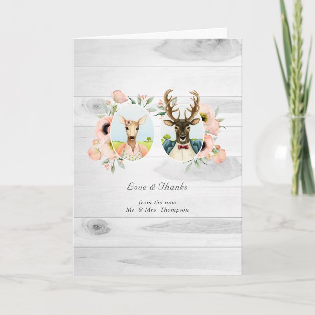 Carte De Remerciements Whimsical Rustic Woodland Forest Mariage de cerfs (Devant)